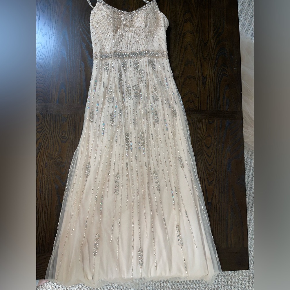 Beaded Champagne Spaghetti Strap Evening Gown